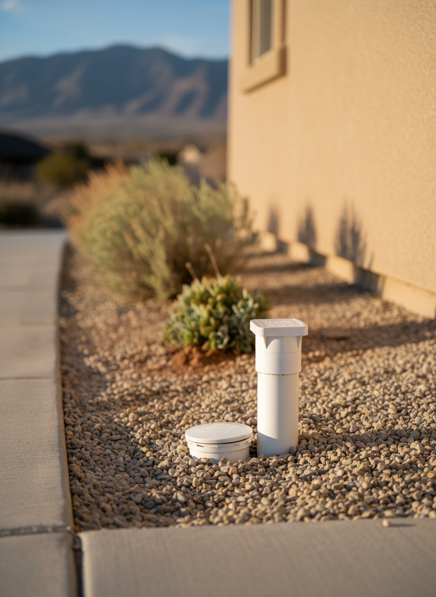 A detailed close-up of a clean-out access cap along a Utah home’s exterior sewer line, emerging from neatly raked gravel near a well-trimmed foundation bed. The white PVC clean-out fitting connects into a buried line that gently slopes away from the house, with a visible section of smooth, precisely glued joints showing expert installation. Late afternoon sunlight casts a warm, clear glow over the stucco wall and native Utah plants in the background, creating soft, natural shadows. Photographic realism with a low-angle, close-up composition, keeping the clean-out and surrounding area in sharp focus while the desert landscaping and mountains blur softly. The mood is calm and preventative, emphasizing proactive drain and sewer maintenance.