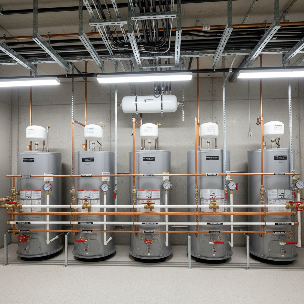 A meticulously organized mechanical room in a modern Utah commercial building, featuring multiple tall, insulated water heaters aligned beside a clean, labeled network of copper and PEX piping. Pressure gauges, shutoff valves, and expansion tanks are arranged with precise symmetry against a freshly painted concrete wall. Overhead, neatly strapped lines run along the ceiling joists, all clearly labeled. Cool, even LED ceiling lights create crisp highlights on the metallic surfaces and soft, controlled shadows on the floor. Photographic realism from a wide-angle, slightly elevated perspective, capturing the entire system in sharp focus. The atmosphere is highly professional and technical, conveying competence, safety, and long-term reliability for business owners relying on dependable hot water and plumbing performance.