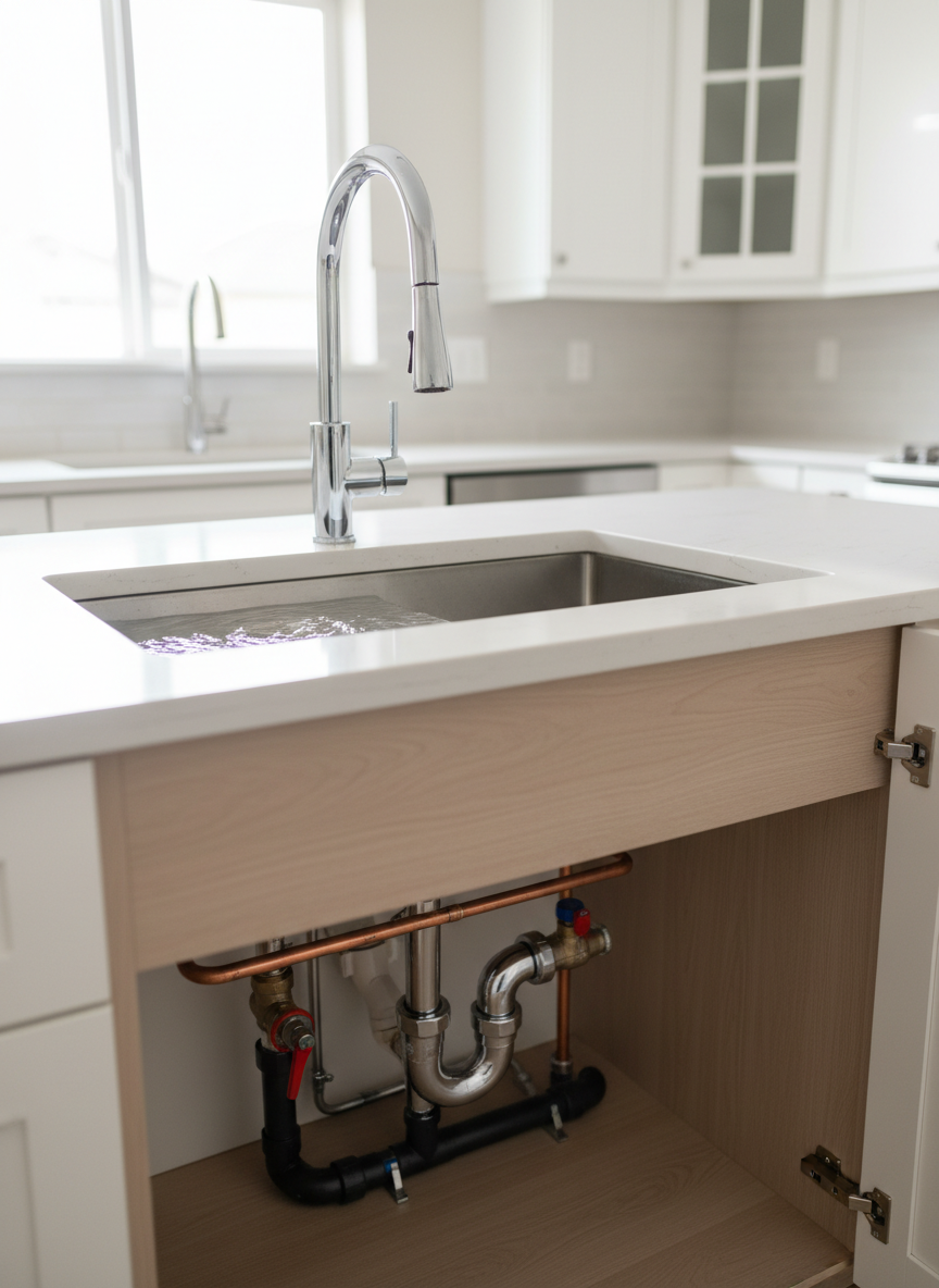 A gleaming stainless steel kitchen sink with a modern high-arc faucet in a Utah suburban home, the basin filled with clear water swirling smoothly down a freshly cleared drain. Under the open cabinet, a neatly organized array of PVC and copper plumbing pipes, new shutoff valves, and a clean P-trap show precise workmanship. Soft daylight from a nearby window illuminates the polished countertops and light quartz backsplash, casting gentle reflections on the chrome fixtures. Photographic realism at eye level, with a shallow depth of field that keeps the sink and exposed plumbing in sharp focus while the rest of the bright, contemporary kitchen falls into a subtle blur. The mood is professional, clean, and reassuring, emphasizing reliability and order.