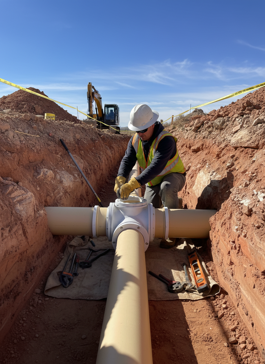 A professional plumber working on an underground sewer main pipe in Utah, excavated trench showing large diameter PVC sewer pipe with clean fittings and connections, natural daylight, photographic realism, professional and reliable atmosphere