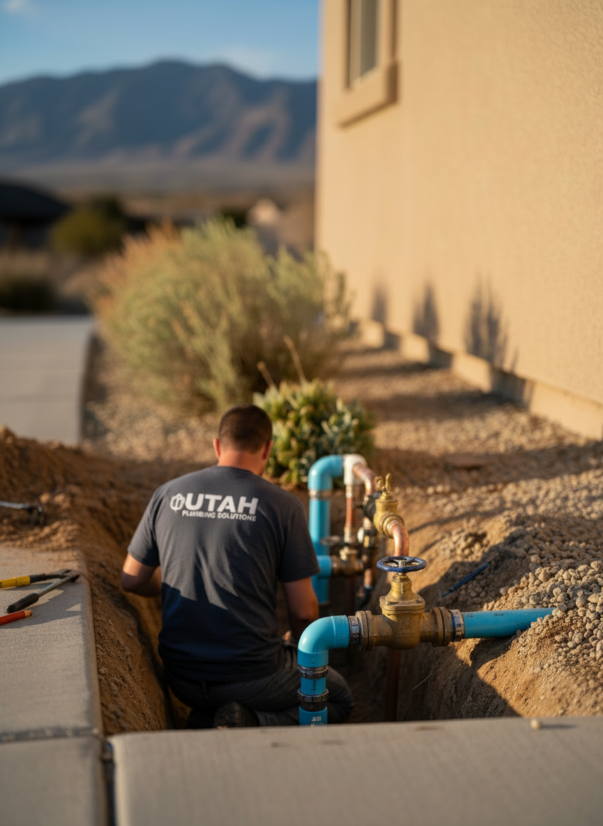 A professional plumber working on an underground water main pipe, excavated trench showing large diameter water main pipe with clean fittings, shutoff valves, and copper or PVC connections. Natural daylight, photographic realism, professional and reliable atmosphere, Utah residential neighborhood in background.