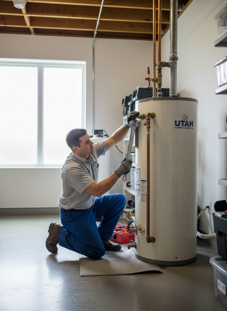 A professional plumber working on a water heater in a Utah home utility room. The plumber is kneeling beside a tall tank water heater, using a wrench to tighten pipe fittings. Copper pipes and valves are visible, the room is clean and well-lit with natural light. Photographic realism, professional and reliable atmosphere, shallow depth of field keeping the plumber and water heater in sharp focus.