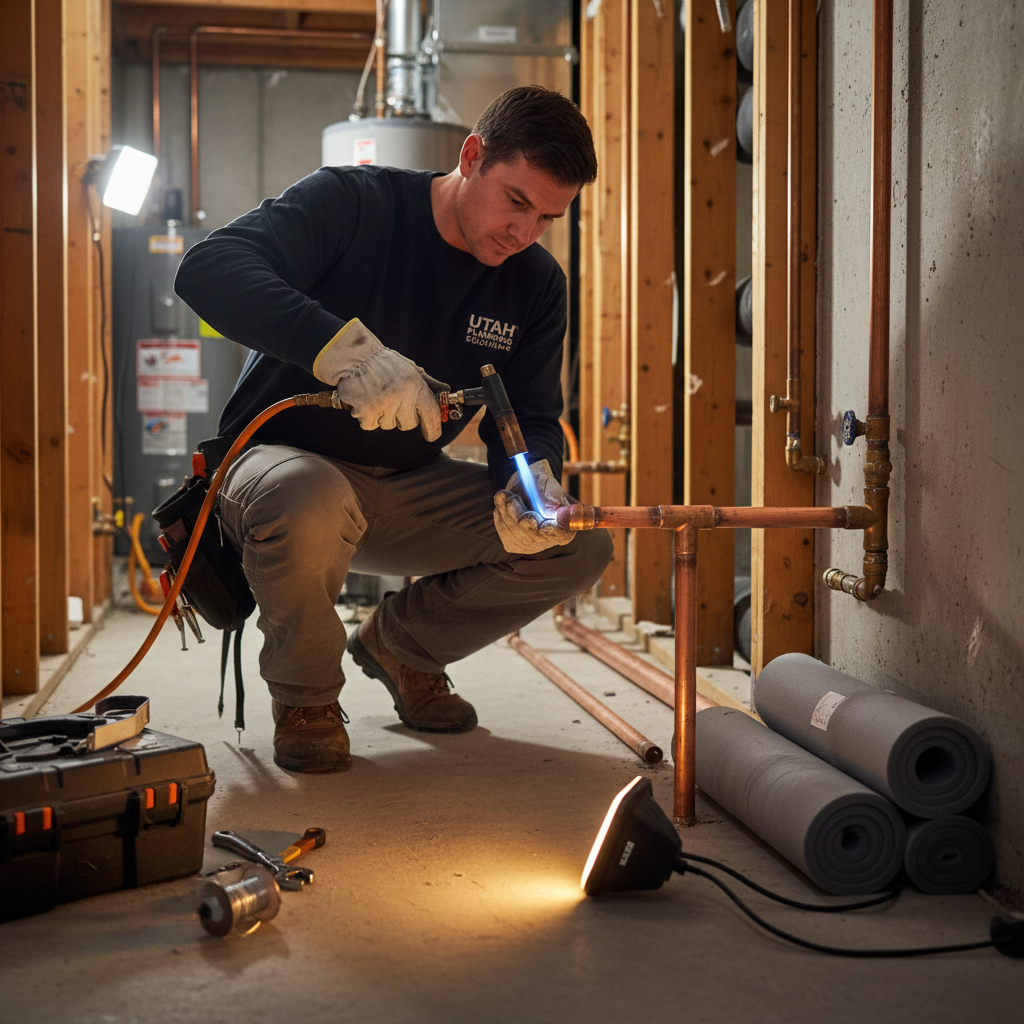 A professional plumber working inside a Utah home, soldering copper pipes in a tight crawl space or utility room. The plumber is focused and skilled, wearing work gear, with copper pipe fittings, a propane torch, and pipe insulation visible. Warm practical lighting, photographic realism, shallow depth of field keeping the plumber and pipes in sharp focus.