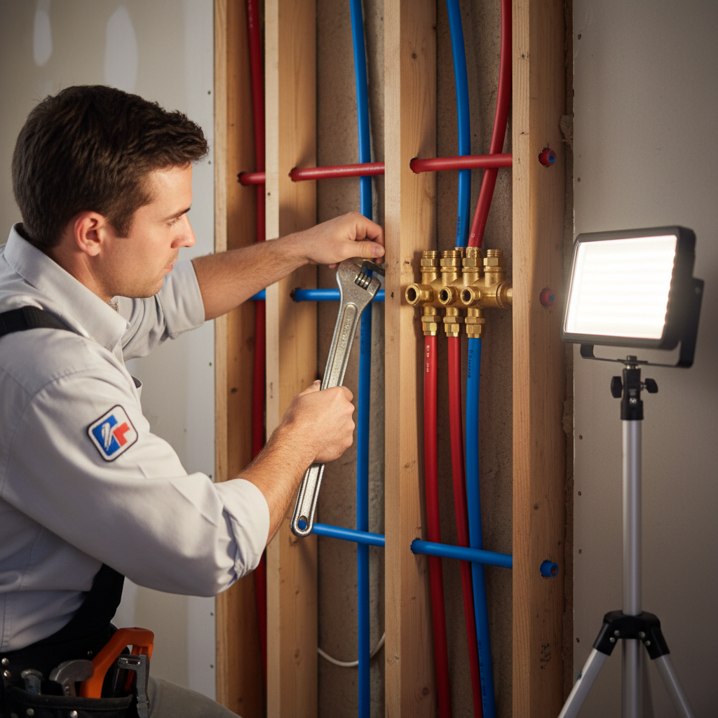 A professional plumber using a pipe wrench to tighten fittings on a PEX repiping job inside a Utah home's wall cavity. Colorful PEX tubing — red and blue — runs neatly through wall studs, with new brass fittings and a manifold visible. Bright work light, photographic realism, shallow depth of field, professional and clean atmosphere.