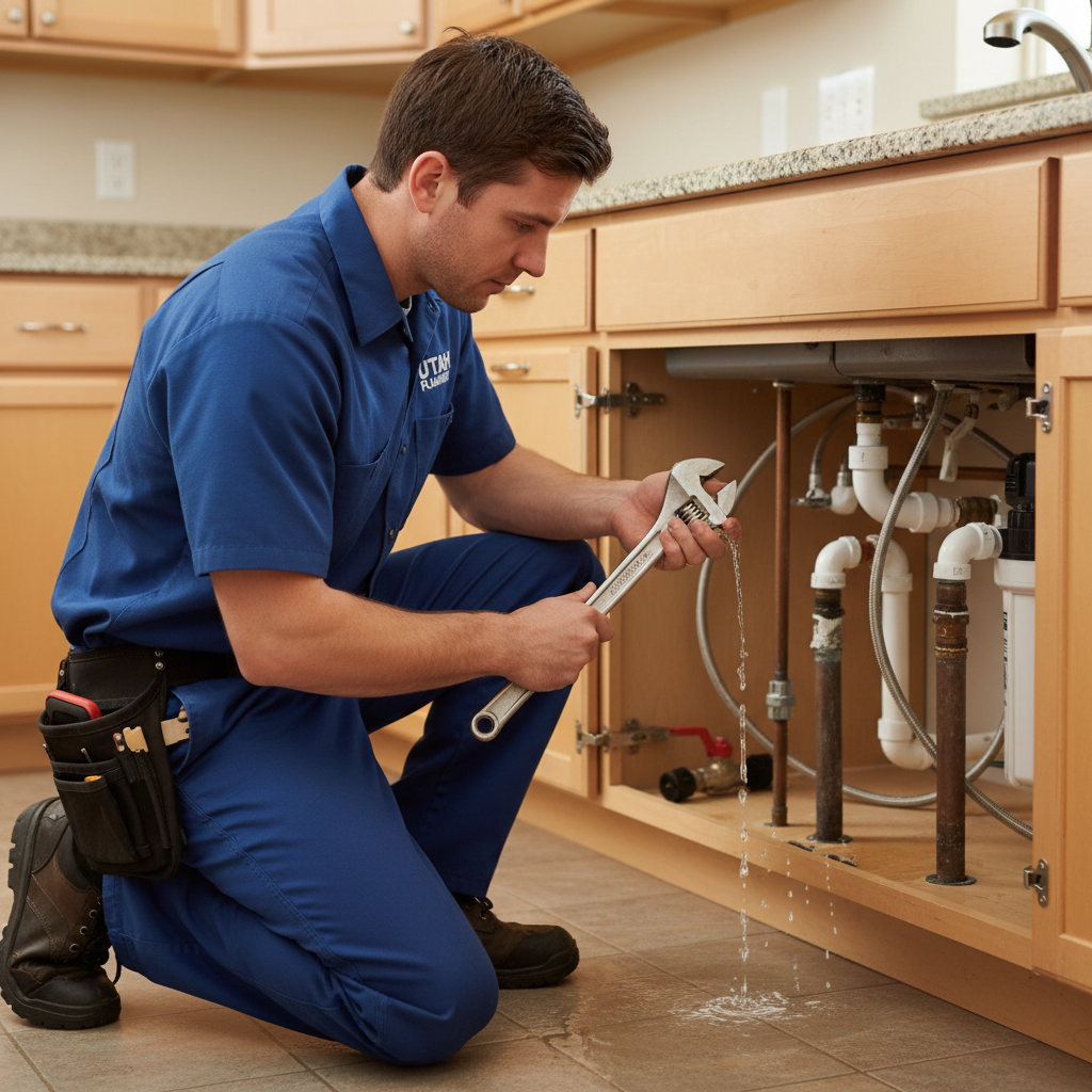 A professional plumber fixing a burst pipe under a kitchen sink in a Utah home, crouched down with a wrench in hand, PVC and copper pipes visible, water shut-off valve in the background, warm practical lighting, photographic realism, shallow depth of field, clean and professional atmosphere
