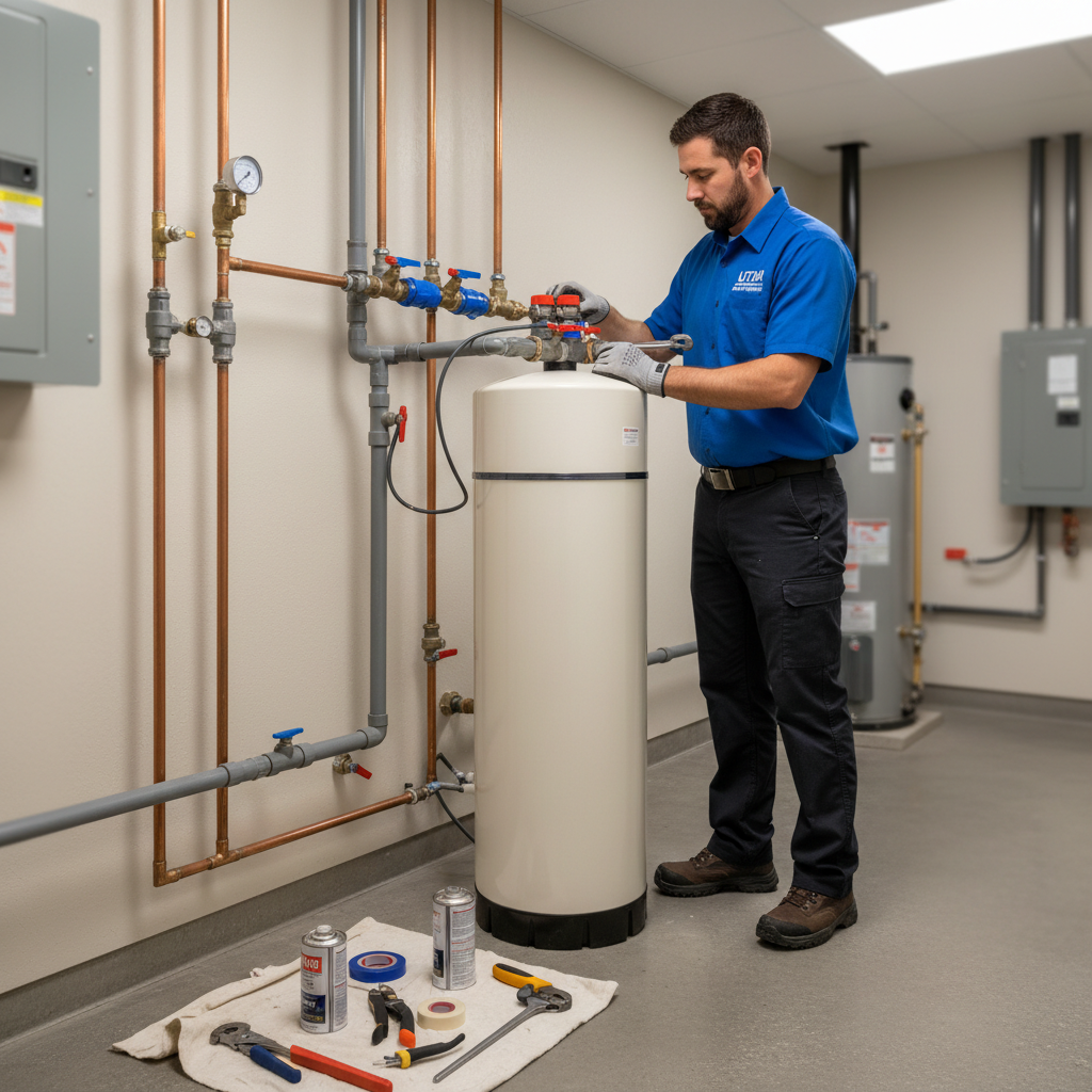 A professional plumber installing a water softener system in a Utah home utility room, connecting PVC pipes and bypass valves to a tall cylindrical water softener unit. Clean organized workspace, copper and PVC plumbing visible, bright utility lighting, photographic realism, shallow depth of field, professional and reliable atmosphere.