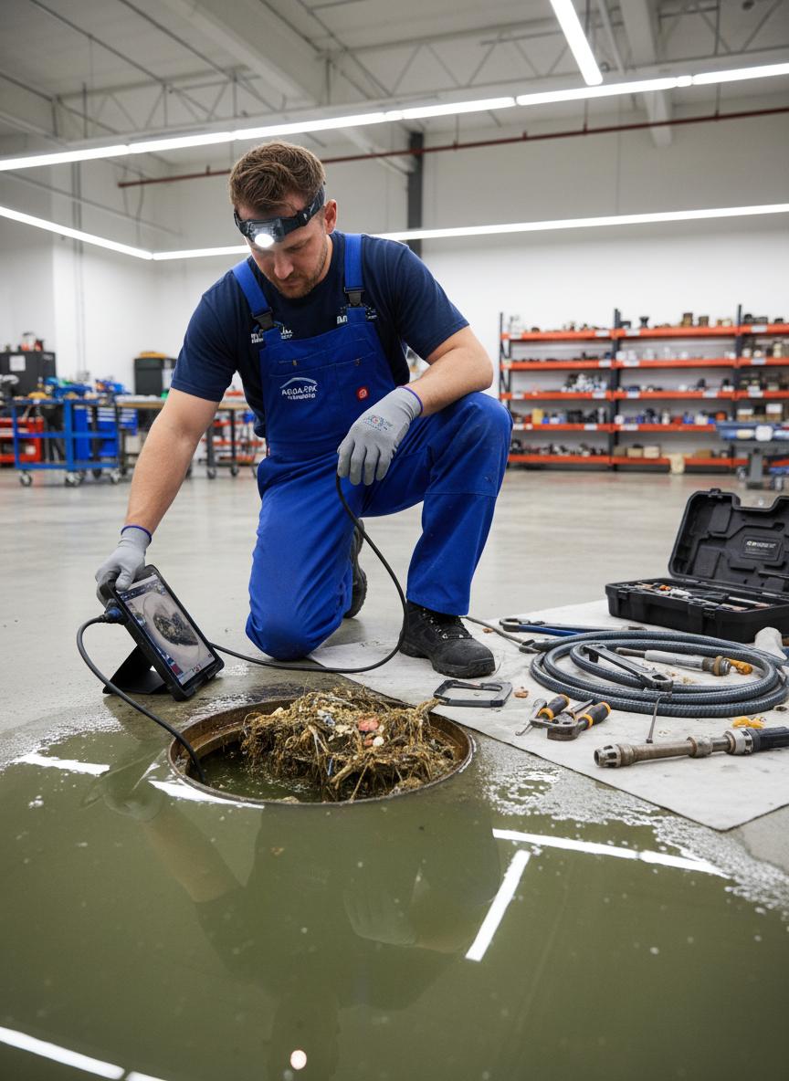 A severe drain backup showing a clogged floor drain with standing water and debris, a professional licensed plumber in work gear using diagnostic equipment to assess the blockage, organized plumbing tools nearby, bright workshop lighting, photographic realism, professional atmosphere, showing expertise and problem-solving