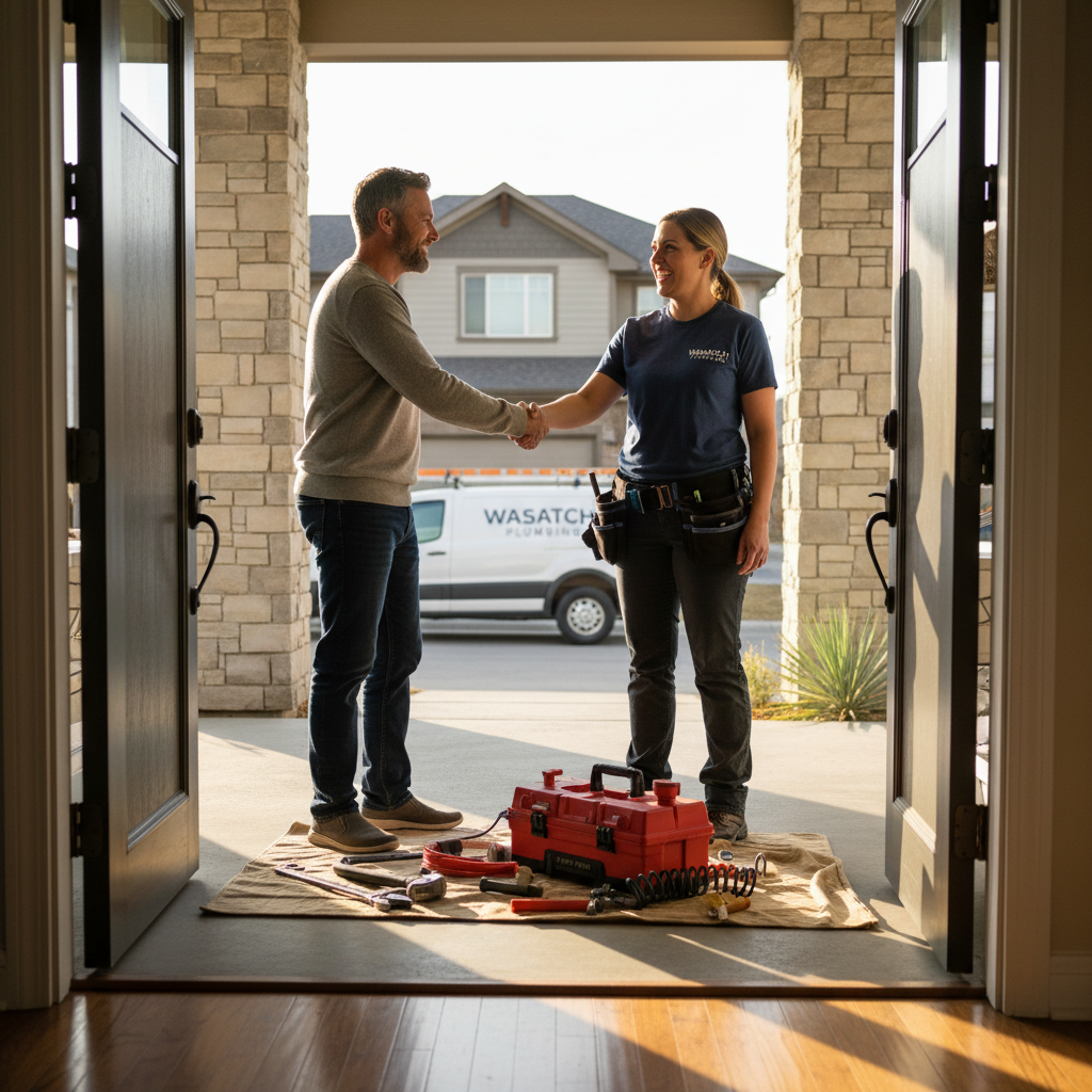 A happy Utah homeowner shaking hands with a professional plumber in work gear at the front door of a suburban home, both smiling, plumbing tools visible in the background, warm natural daylight, photographic realism, friendly and trustworthy atmosphere