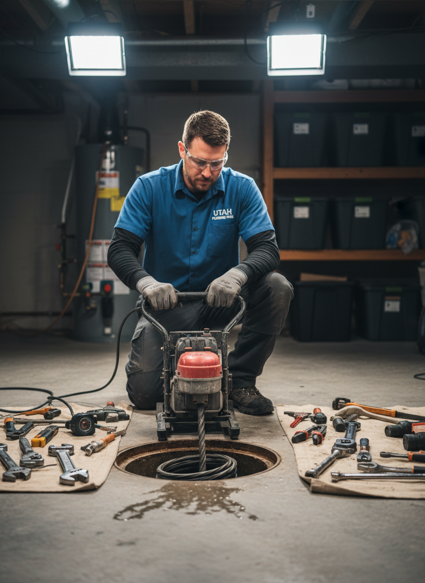 A professional plumber using a motorized drain snake auger to clear a clogged sewer line in a Utah home basement, kneeling beside an open floor drain, wearing work gloves and professional gear, with plumbing tools organized nearby, bright utility lighting, photographic realism, shallow depth of field, professional and reliable atmosphere