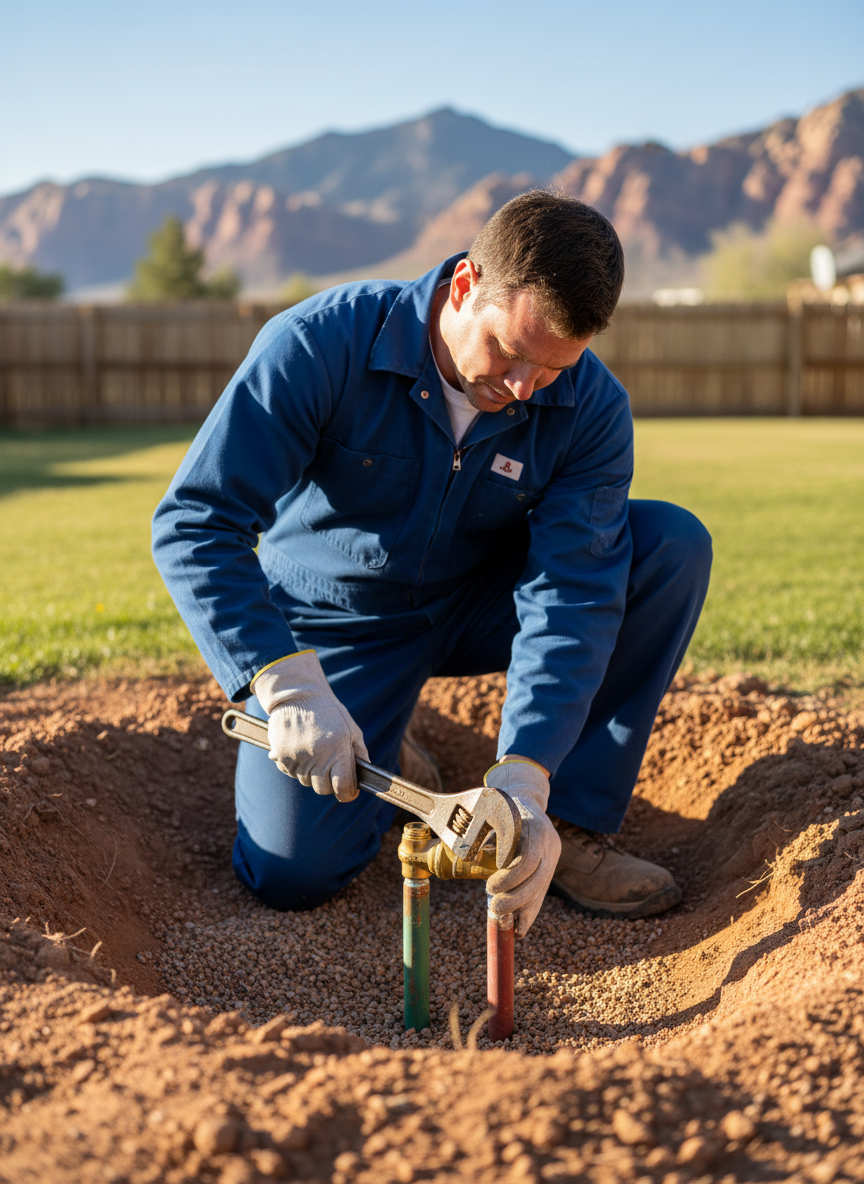 A professional plumber replacing a stop and waste valve underground in a Utah yard, kneeling beside an excavated access hole, using a pipe wrench on a brass stop and waste valve with copper pipe connections visible, wearing work gear and gloves, natural daylight, photographic realism, shallow depth of field, professional and reliable atmosphere