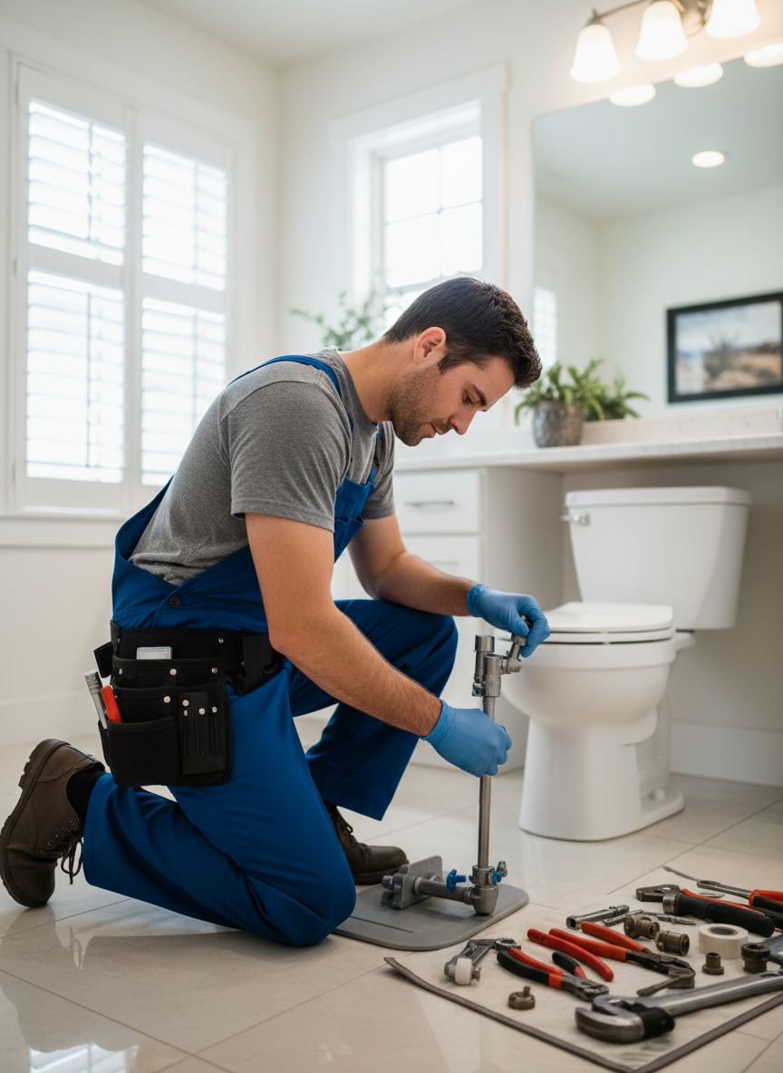 A professional plumber kneeling beside a toilet in a bright Utah home bathroom, inspecting or replacing the flush valve and fill valve, wearing work gear and gloves, plumbing tools organized nearby on the floor, bright bathroom lighting, photographic realism, shallow depth of field, professional and reliable atmosphere