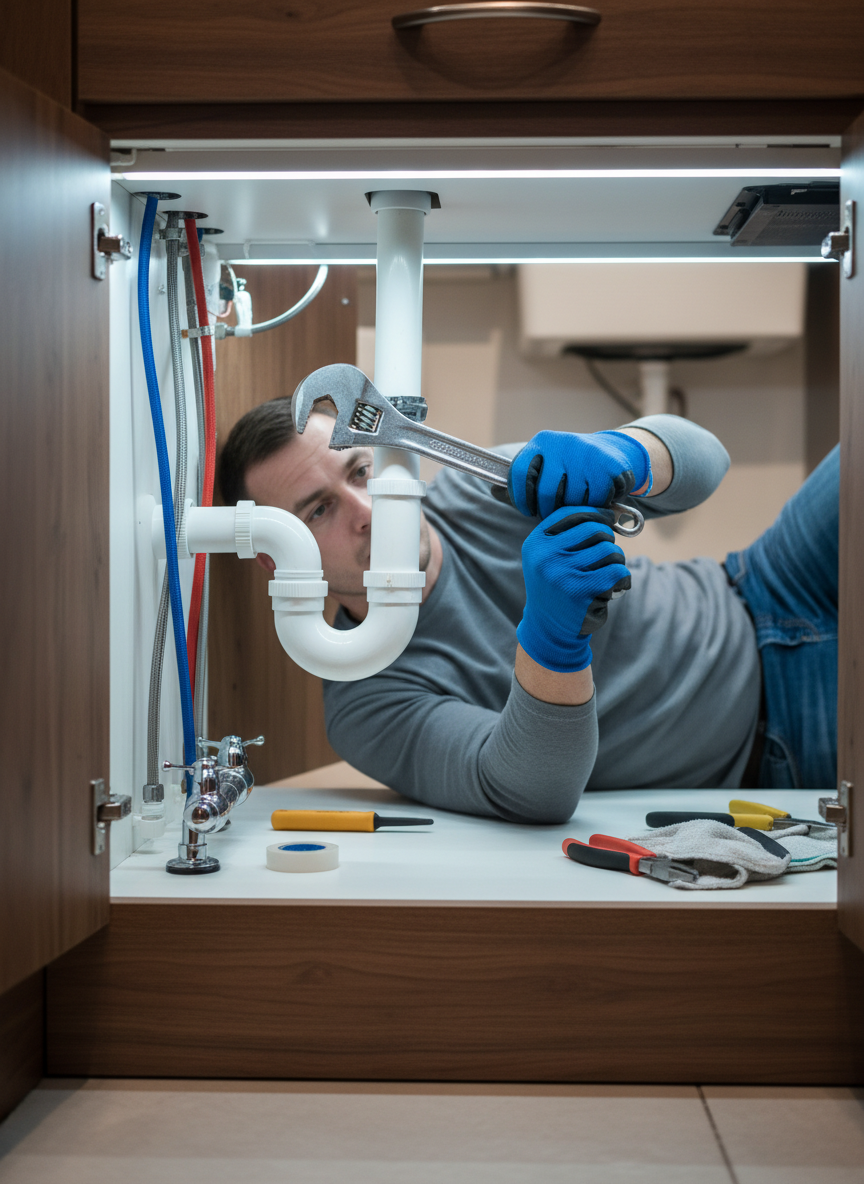 A professional plumber lying on their back under a bathroom or kitchen sink, using a pipe wrench to tighten a P-trap connection, PVC pipes and shutoff valves visible inside the cabinet, work gloves on, bright under-cabinet lighting, photographic realism, shallow depth of field, professional and clean atmosphere
