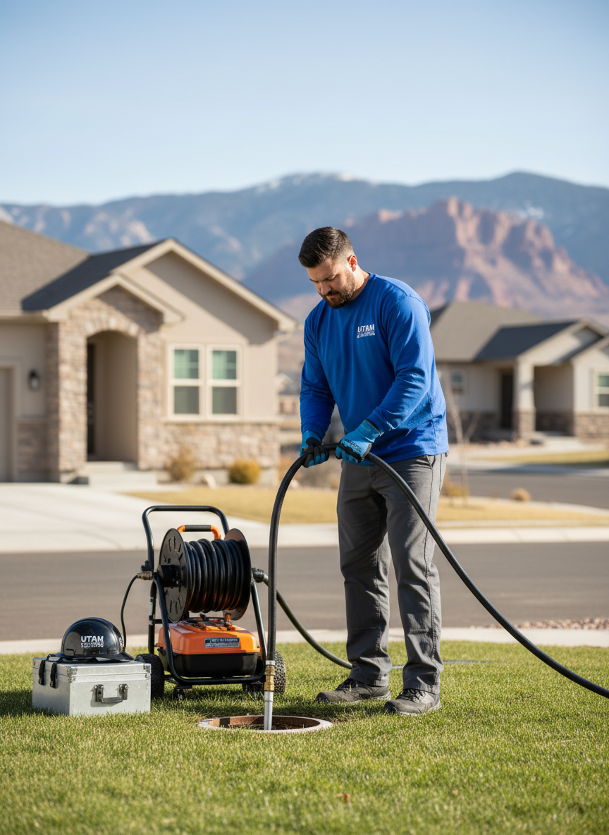 A professional plumber confidently operating a hydro jet machine outside a Utah home, standing beside the equipment with the hose neatly fed into a clean-out access point, wearing professional work gear and gloves. The scene is clean and organized — no water splashing or spraying. Bright natural daylight, suburban Utah neighborhood in the background, photographic realism, shallow depth of field, professional and reliable atmosphere.