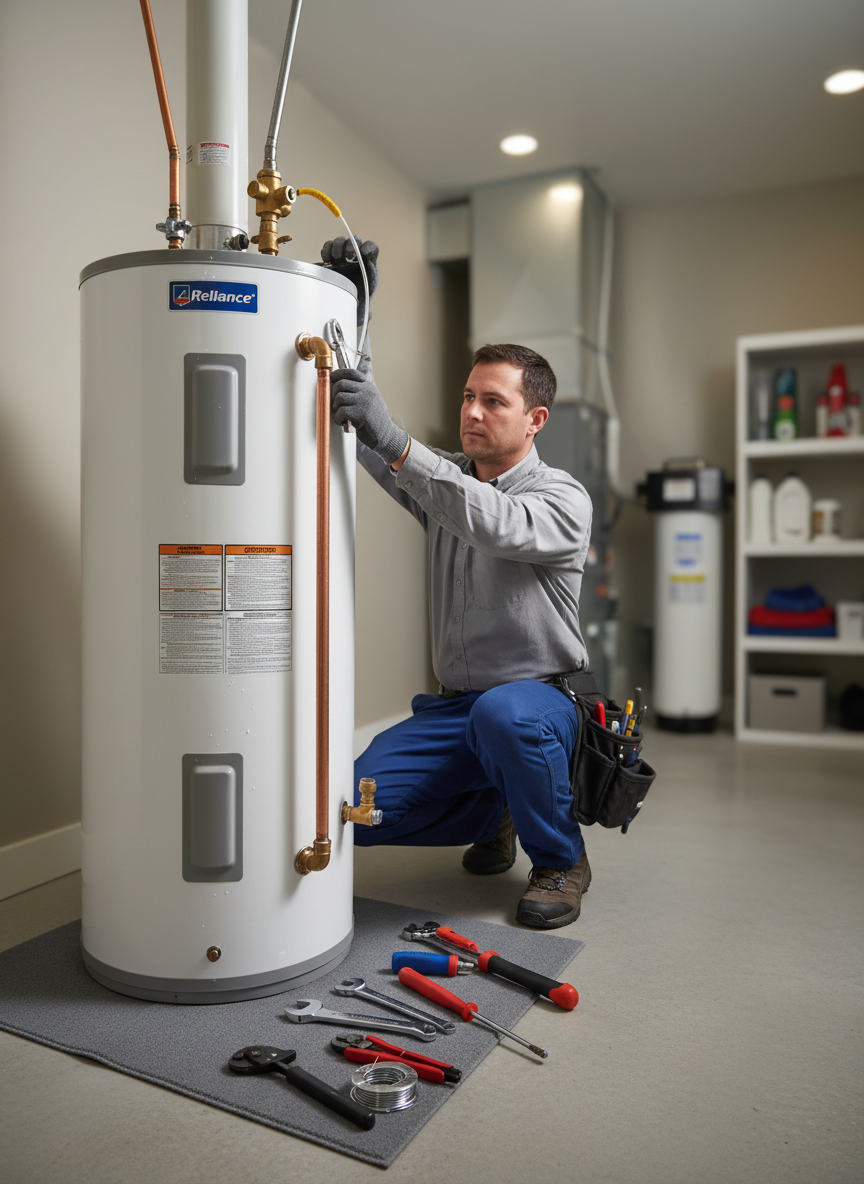 Professional plumber installing a brand new tall tank water heater in a clean Utah home utility room. The plumber is connecting copper pipe fittings and a pressure relief valve, wearing work gear, with organized tools nearby. Bright utility lighting, photographic realism, shallow depth of field, professional and reliable atmosphere.